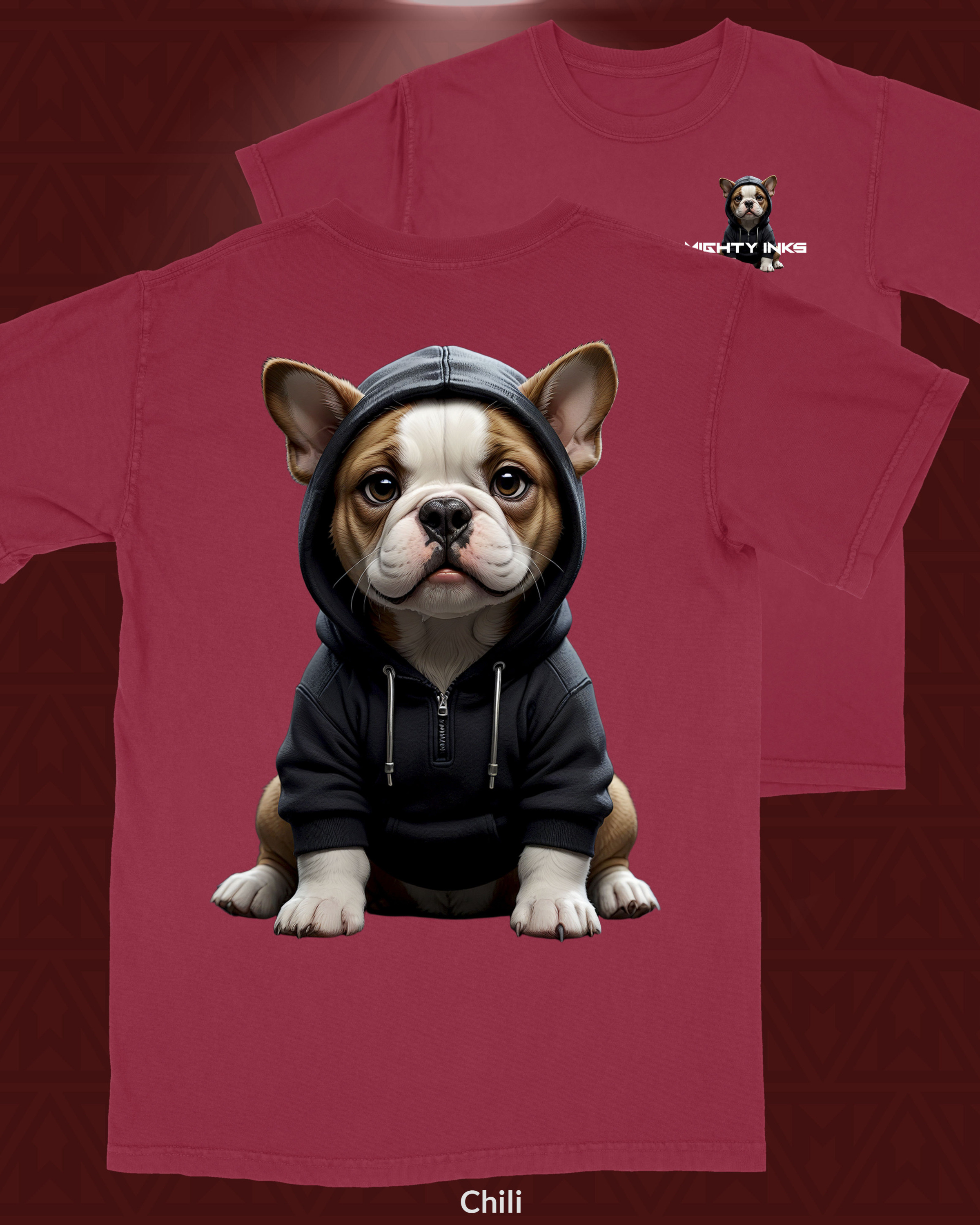 Bulldog puppy in studio photography wearing hoodie - T-Shirt - Image 1