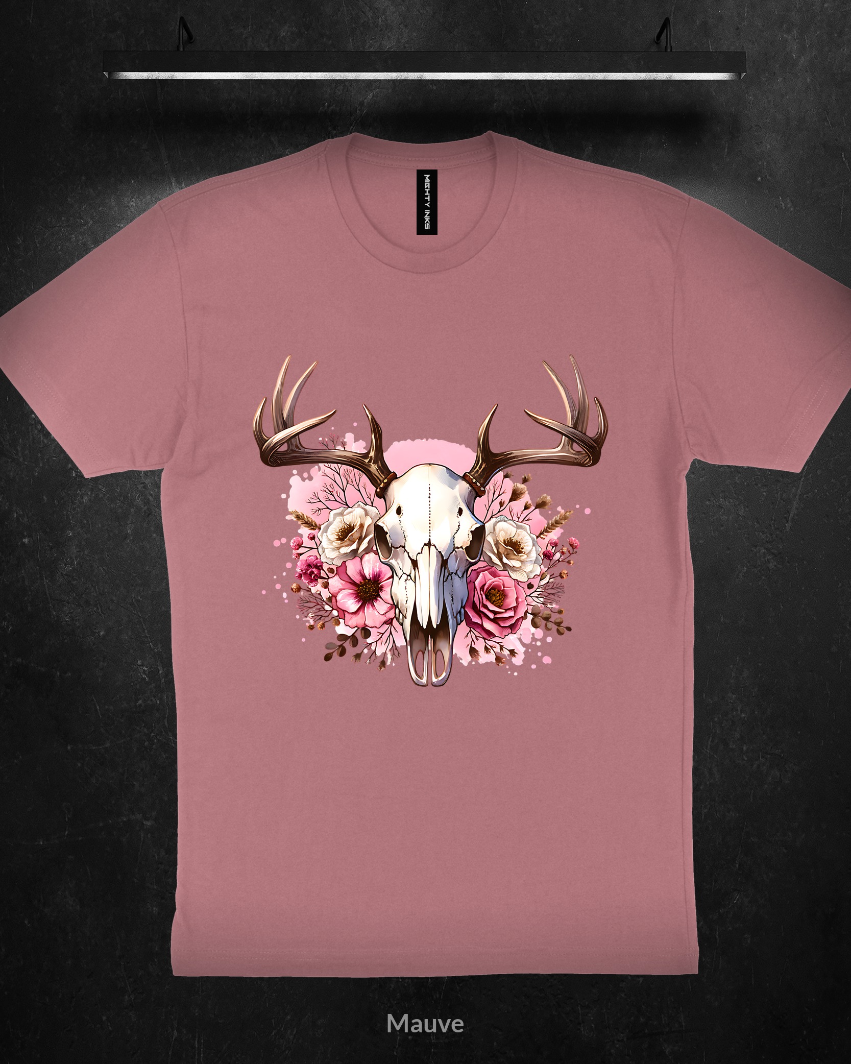 DEER-SKULL-WITH-PINK-FLOWERS-CLIPART3600_mauve Deer Skull with Pink Flowers - T-Shirt - Mauve