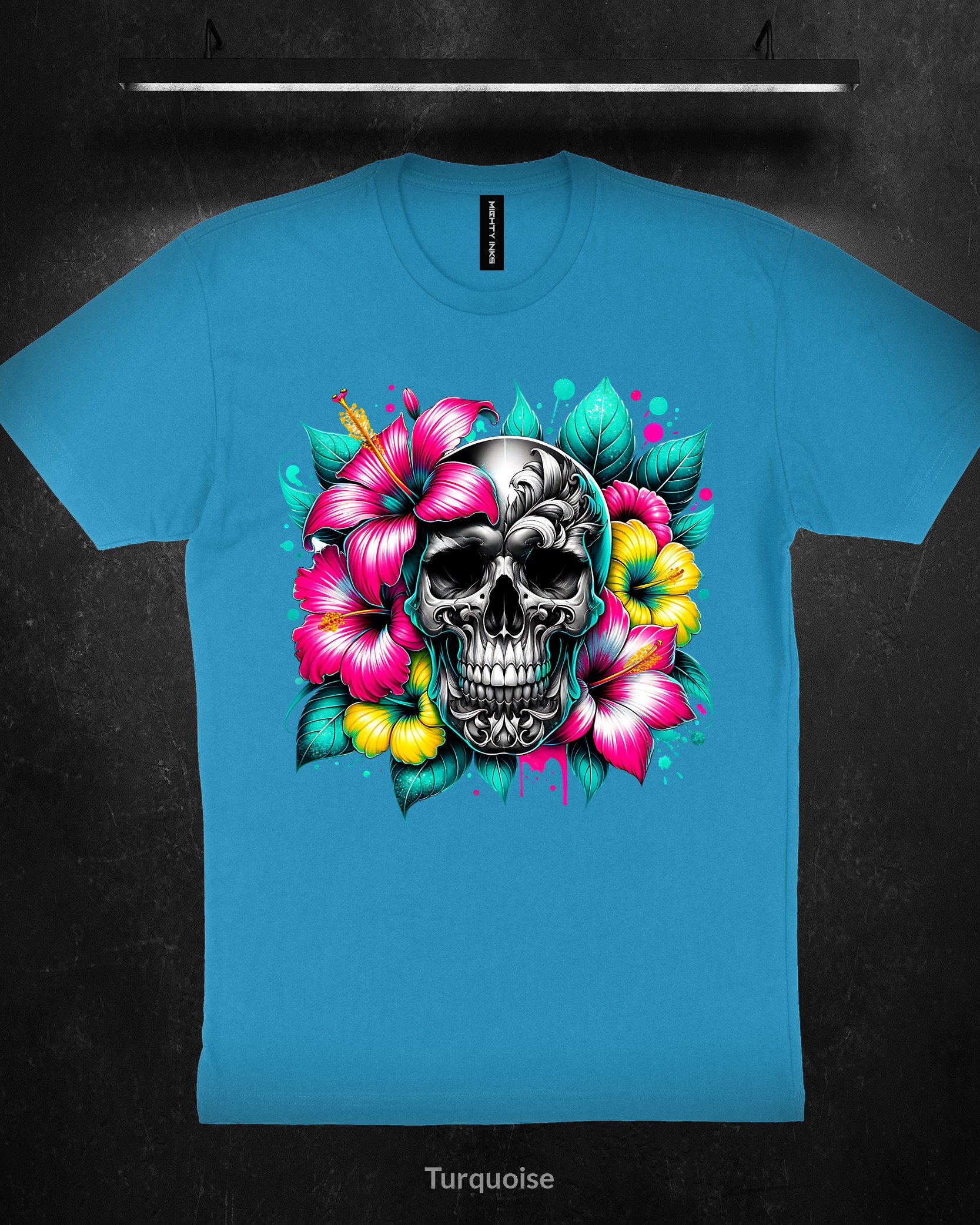 FLORAL-SKULL-PINKS-AND-YELLOWS-CLIPART3600_turquoise Floral Skull Pinks and Yellows - T-Shirt - Turquoise