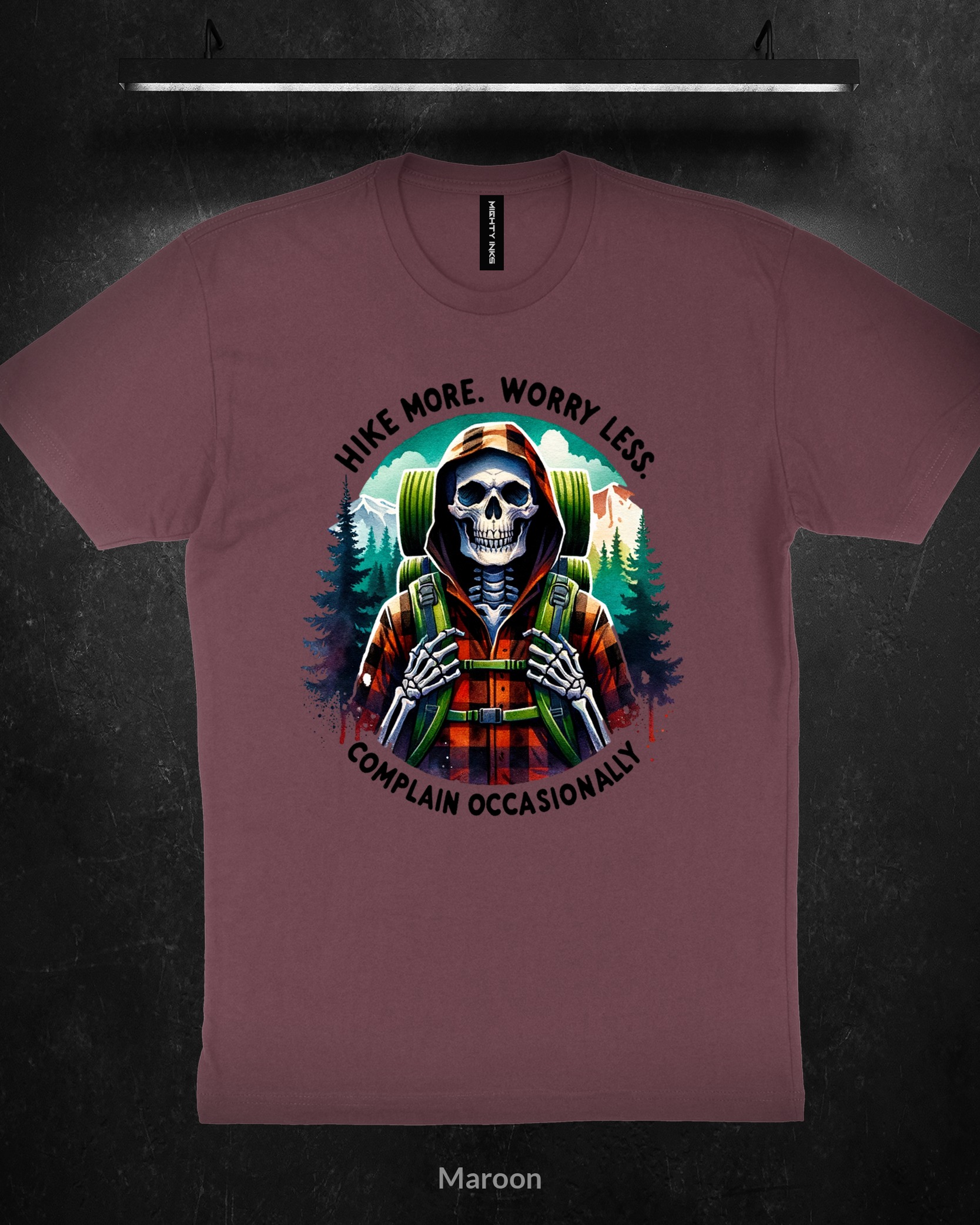 Hike More Worry Less Skeleton Hiker - T-Shirt - Maroon