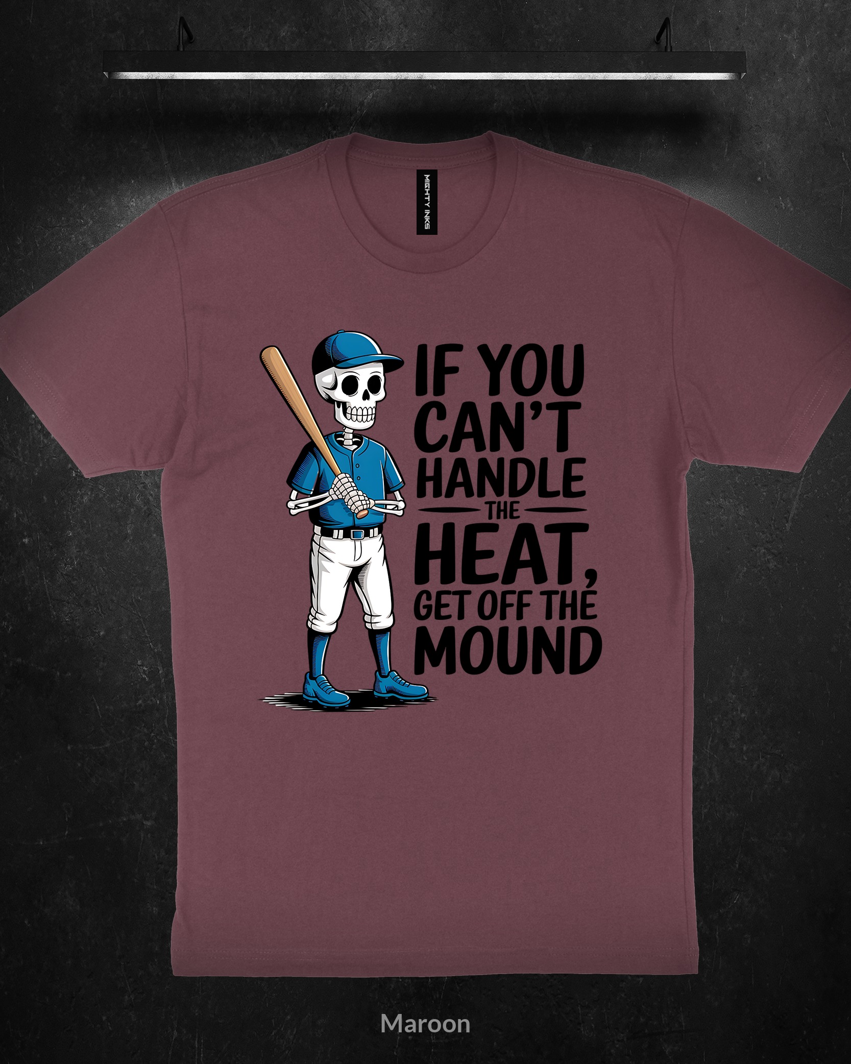 IF-YOU-CANT-HANDLE-THE-HEAT-GET-OFF-THE-MOUND-CARTOON3600_maroon-1 Skeleton Baseball Heat Warning - T-Shirt - Maroon