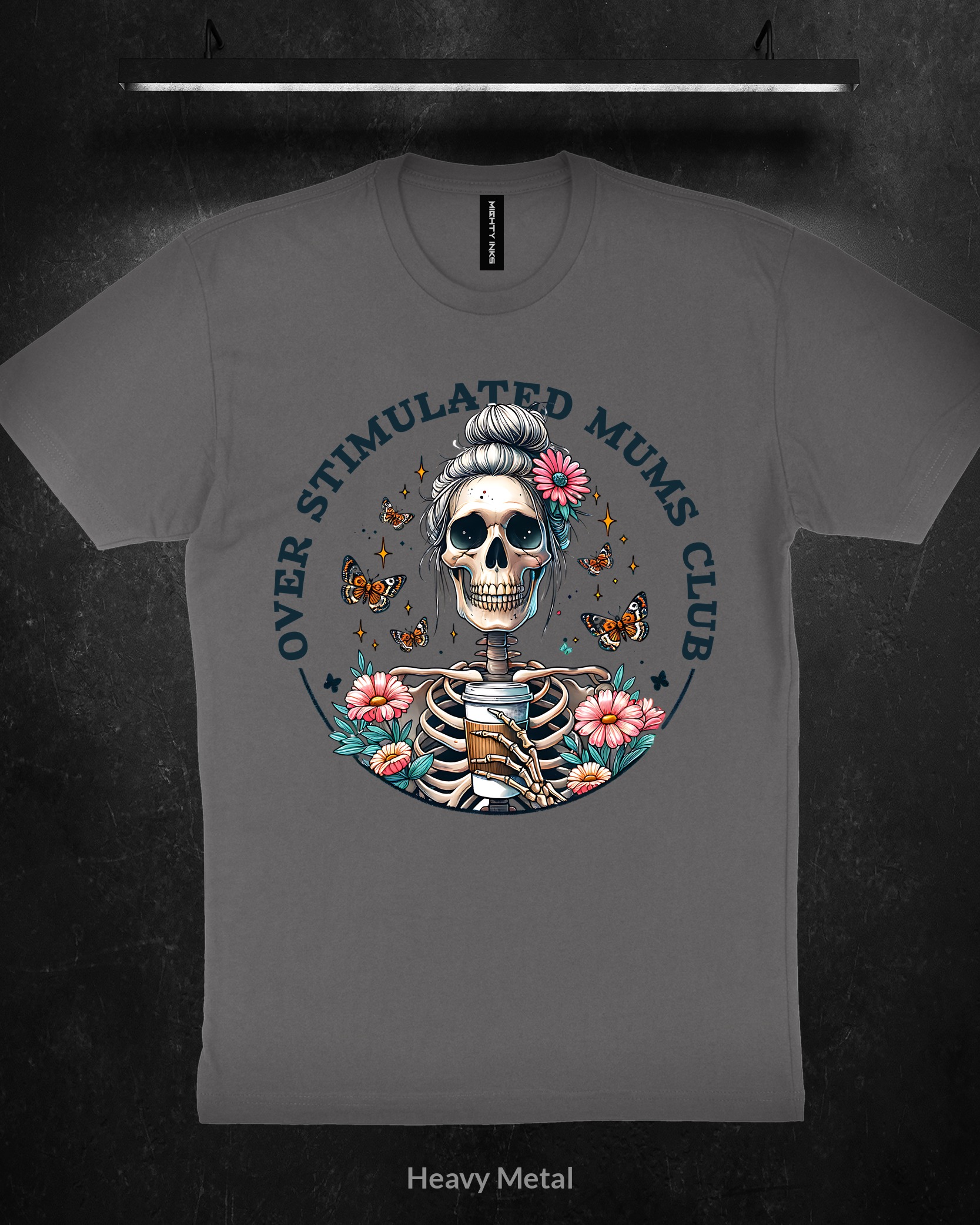 OVER-STIMULATED-MUMS-CLUB-SKELETON-WITH-COFFEE3600_heavy_metal OVER STIMULATED MUMS CLUB SKELETON WITH COFFEE - T-Shirt - Heavy Metal