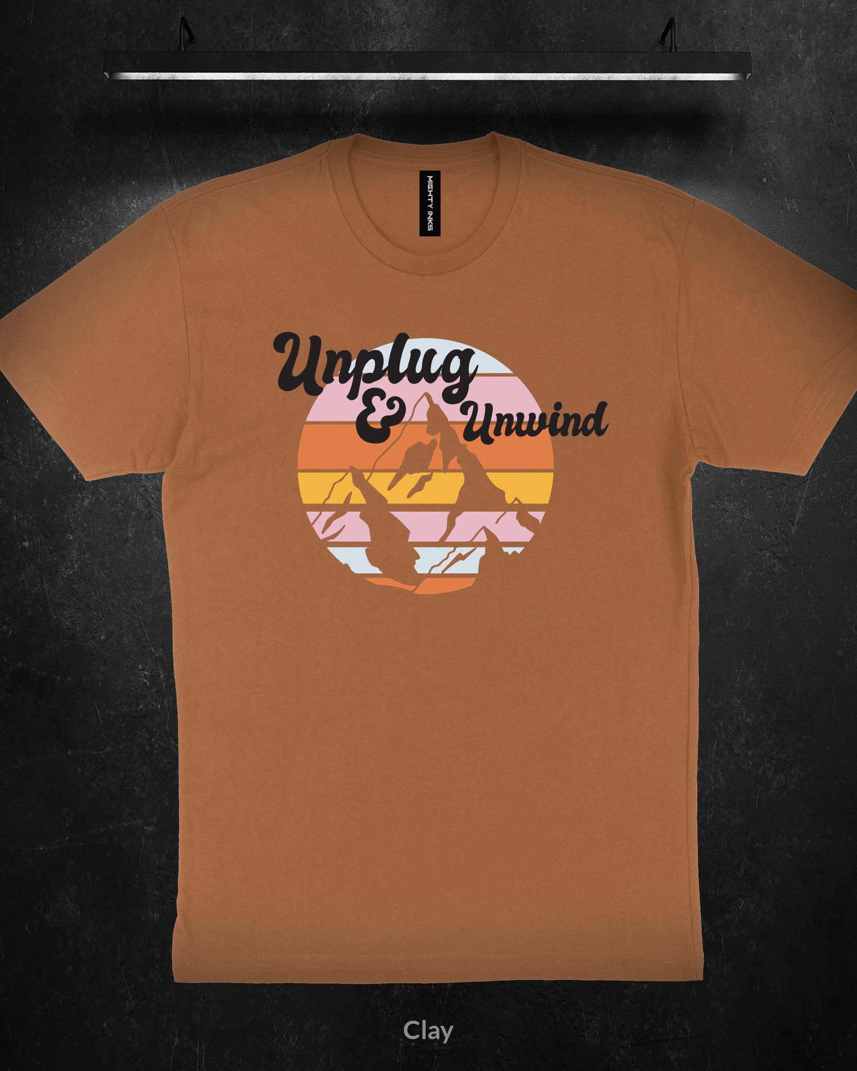 UNPLUG-AND-UNWIND-MOUNTAIN-FILESt-shirts_clay Unplug and Unwind Sunset Mountains - T-Shirt - Clay