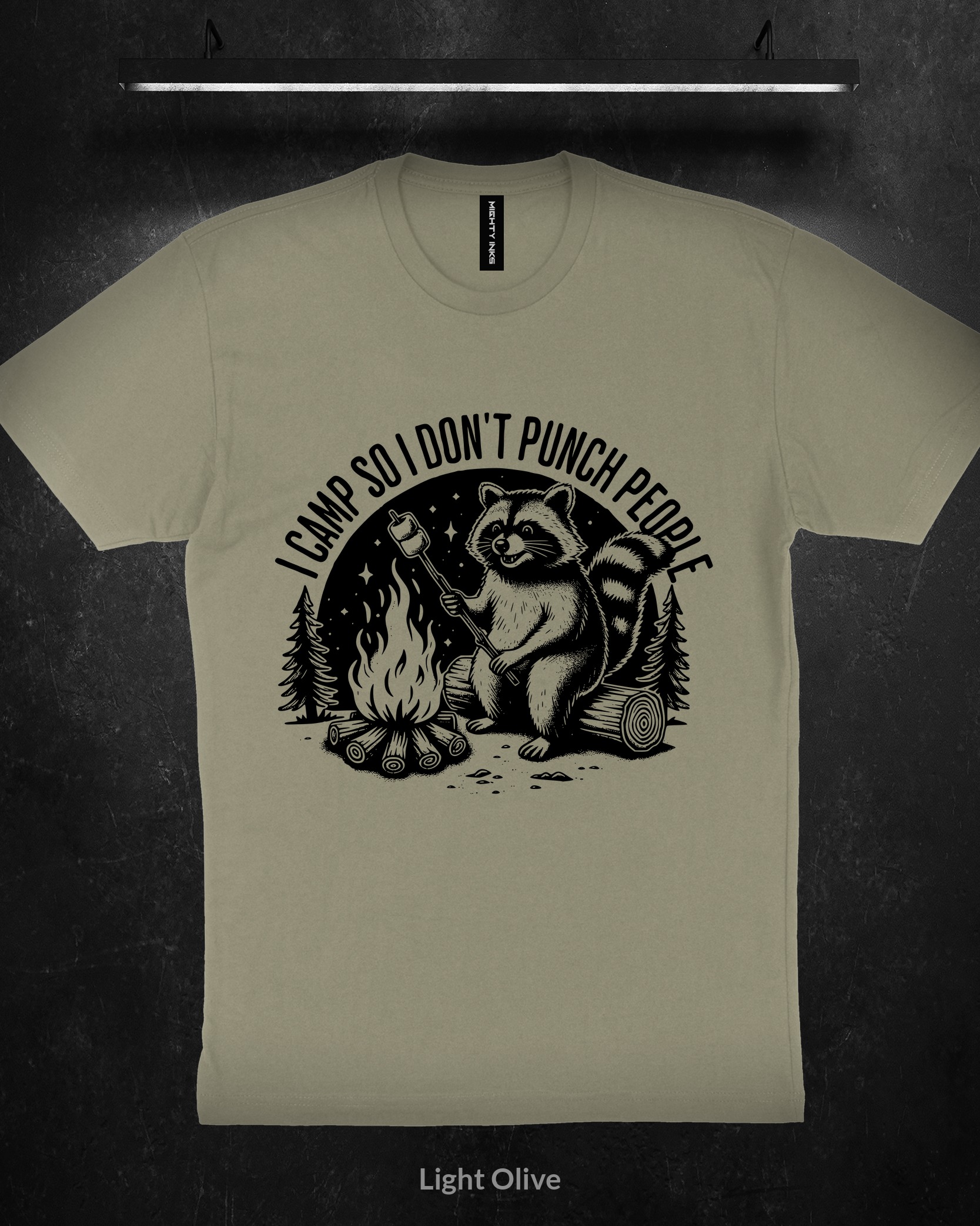 Raccoon Camping Mindfulness Campfire - T-Shirt - Light Olive